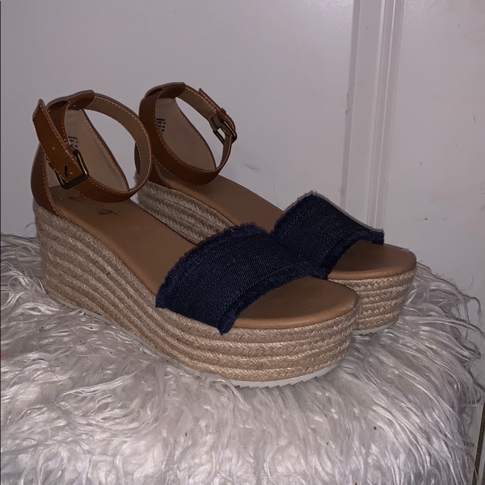 Brown Espadrille Wedges with Denim Strap